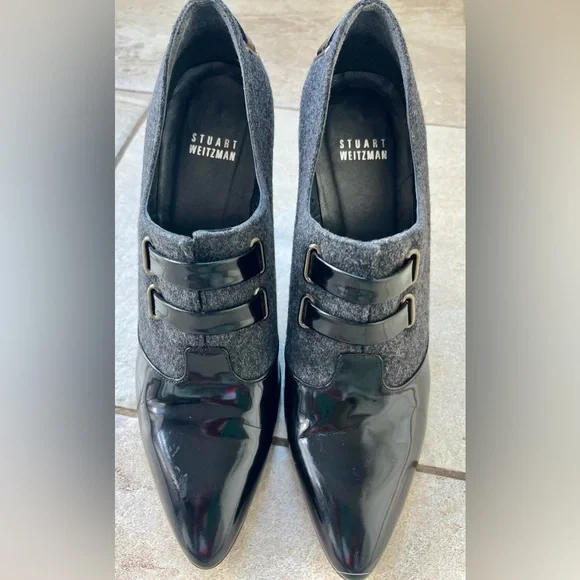 Stuart Weitzman Black and Gray Heels sz 7. Patent leather & wool. Made in Spain - Picture 4 of 12